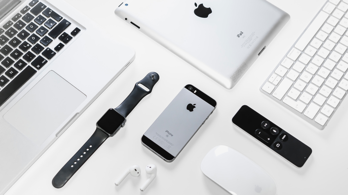 smart watch, iphone, macbook, earbuds, remote