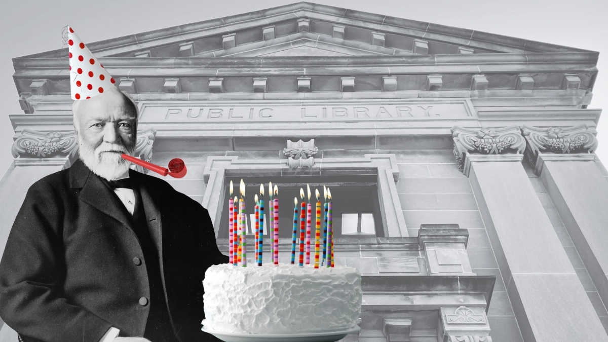 The MCL Library with Andrew Carnegie holding birthday cake and wearing birthday hat
