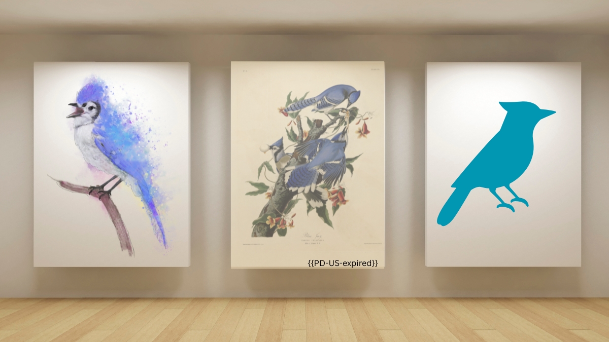 Three paintings of Blue Jays hanging on an art gallery wall