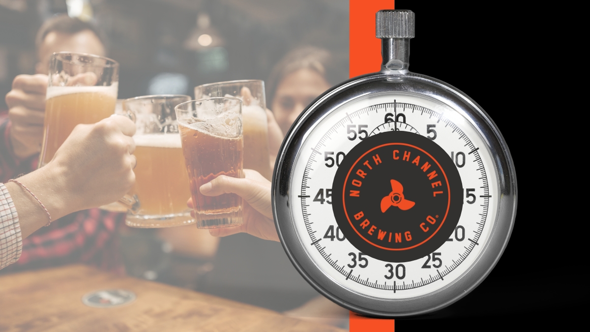 hands cheers-ing mugs of beer. north channel brewing company logo with stopwatch behind it