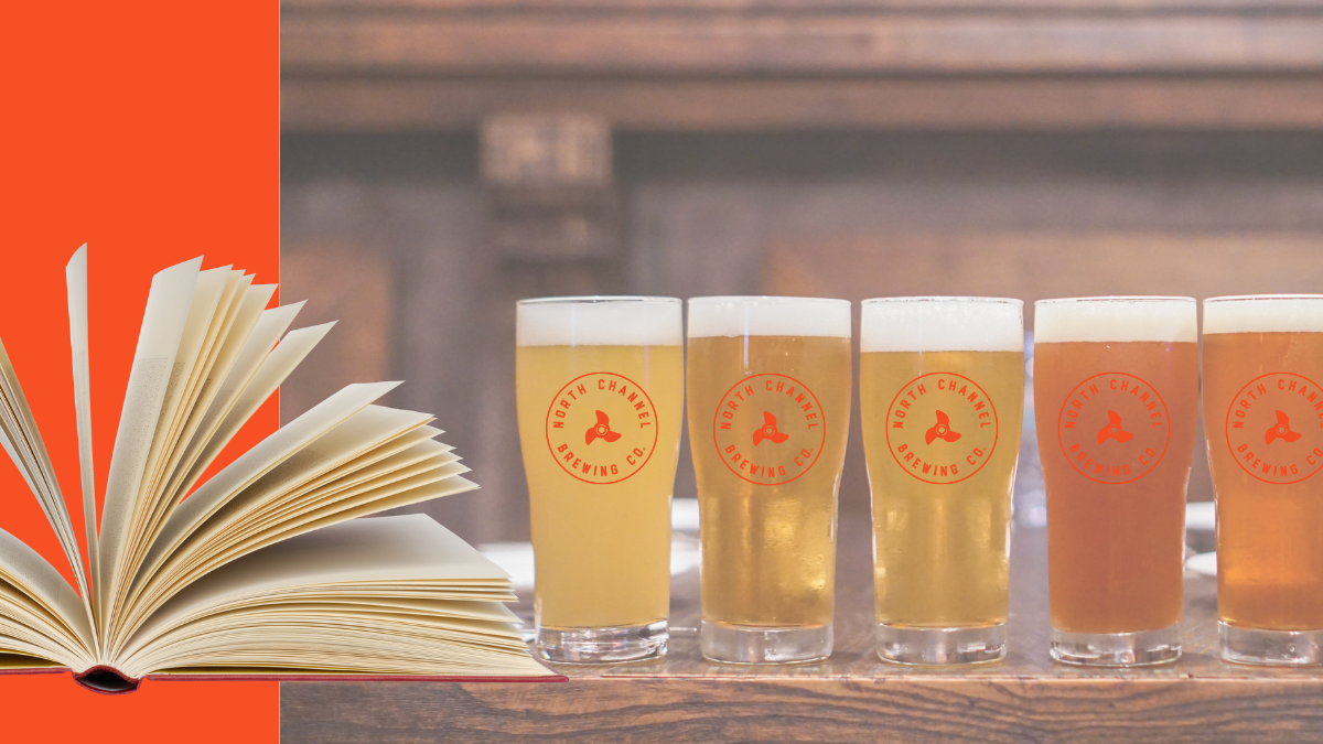Open fanned book with pints of beer in glasses with the North Channel Brewery Logo on them