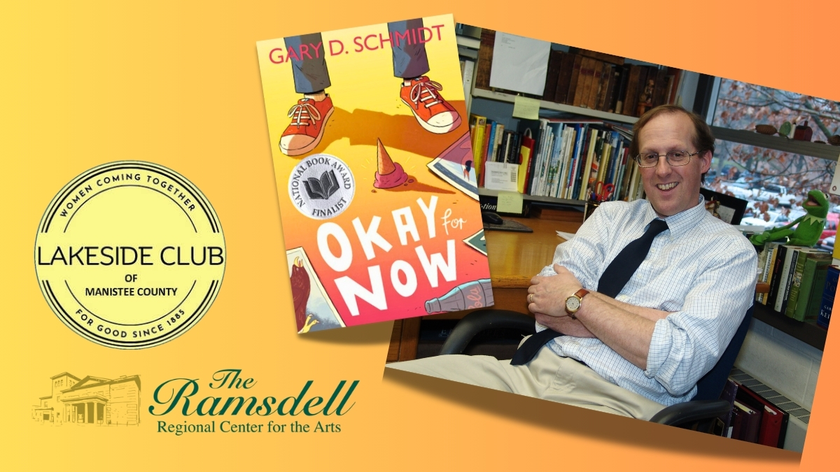 Author Gary Schmidt with his book cover. Lakeside club and Ramsdell logos