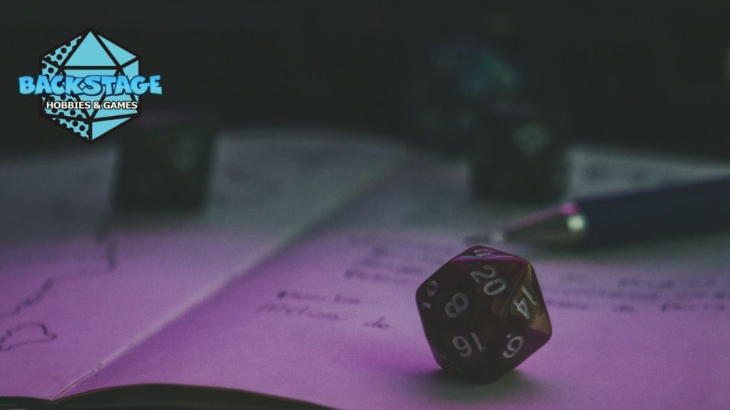 dungeons and dragons dice with the backstage hobbies and games logo