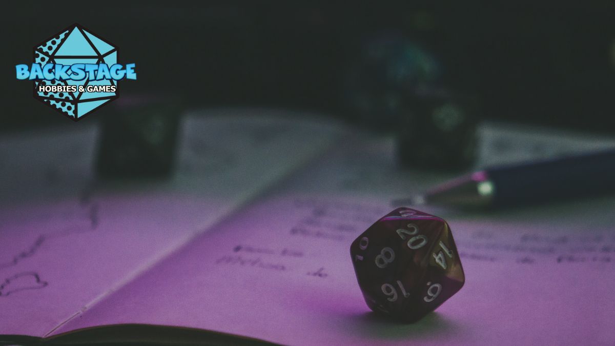 dungeons and dragons dice with the backstage hobbies and games logo