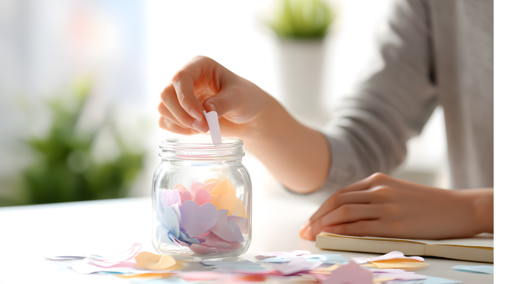 Jar with colorful heart shaped pieces of paper in it
