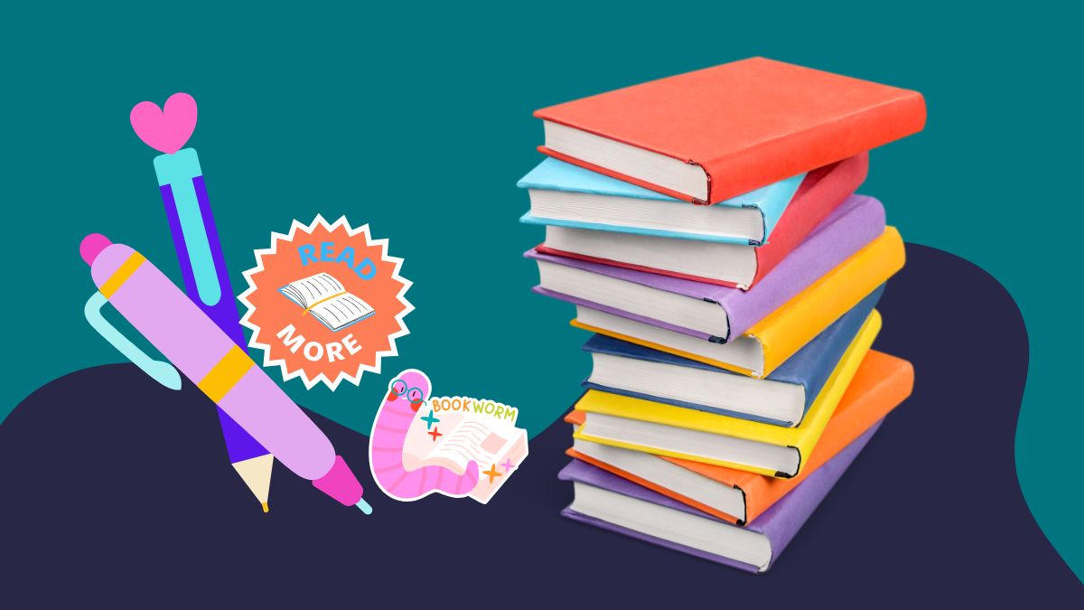 stack of books next to a "book work" that says read more