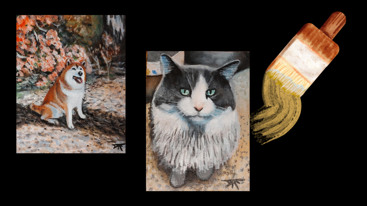 painting of dog, painting of cat, paint brush