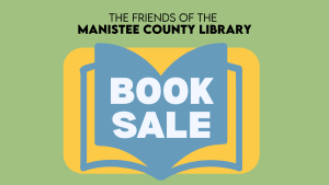 blue book outline, yellow square behind. "book sale" text