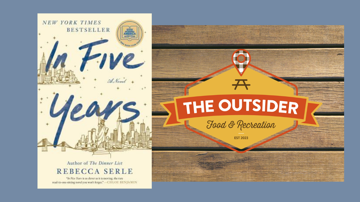 The Outsider logo, picnic table background, book cover In Five Years by Rebecca Serle