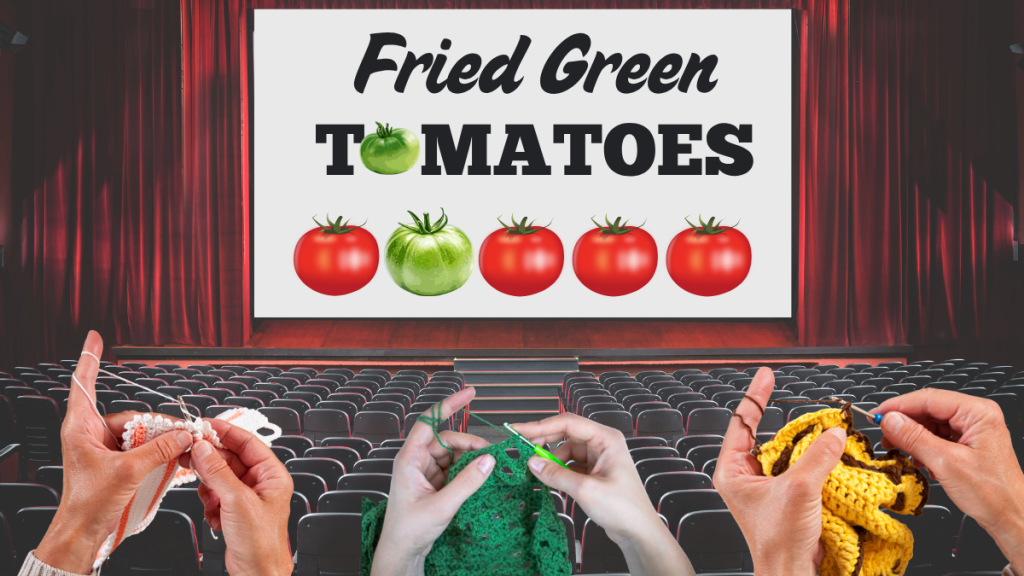 hands stitching in front of movie curtain and screen "Fried Green Tomatoes"