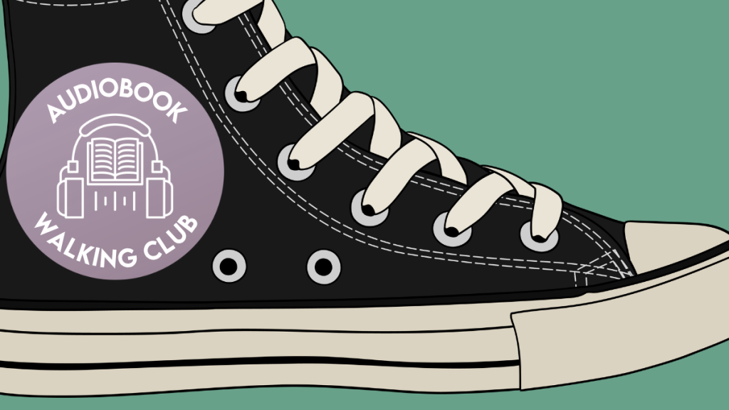 converse shoe with "audiobook walking club" logo, headphones over a book
