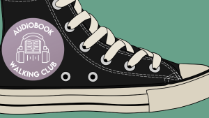 converse shoe with "audiobook walking club" logo, headphones over a book