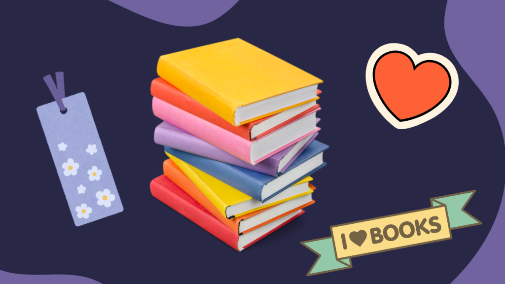 Stack of books, I heart books banner, bookmark
