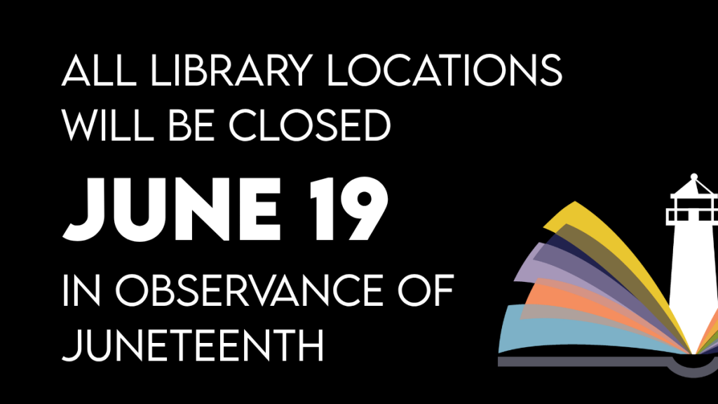 Manistee County Library lighthouse logo with June 19 Closure text