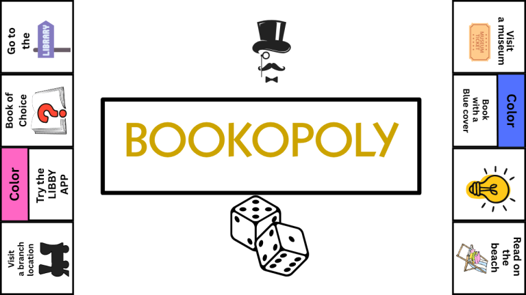 Bookopoly board with spaces for reading challenges