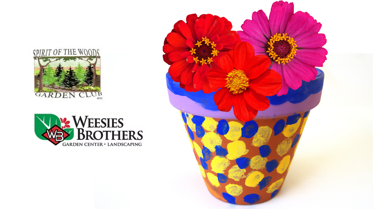 painted clay pot and flowers. Spirit of the woods logo (green trees) and Weesies Brothers logo (green leaves and red flower)