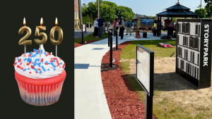 red white and blue cupcake with "250" candles, photo of outdoor storypark