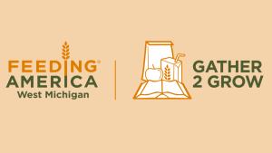 feeding america logo with wheat grass, gather 2 grow logo with lunch sack, apple, juicebox, open book