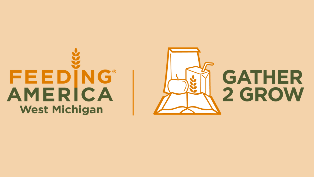 feeding america logo with wheat grass, gather 2 grow logo with lunch sack, apple, juicebox, open book