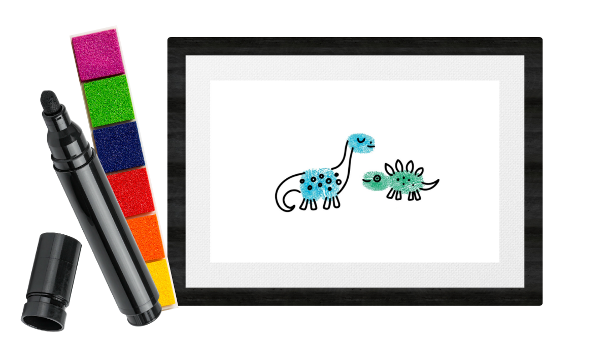 dinosaurs drawn around fingerprints, framed
