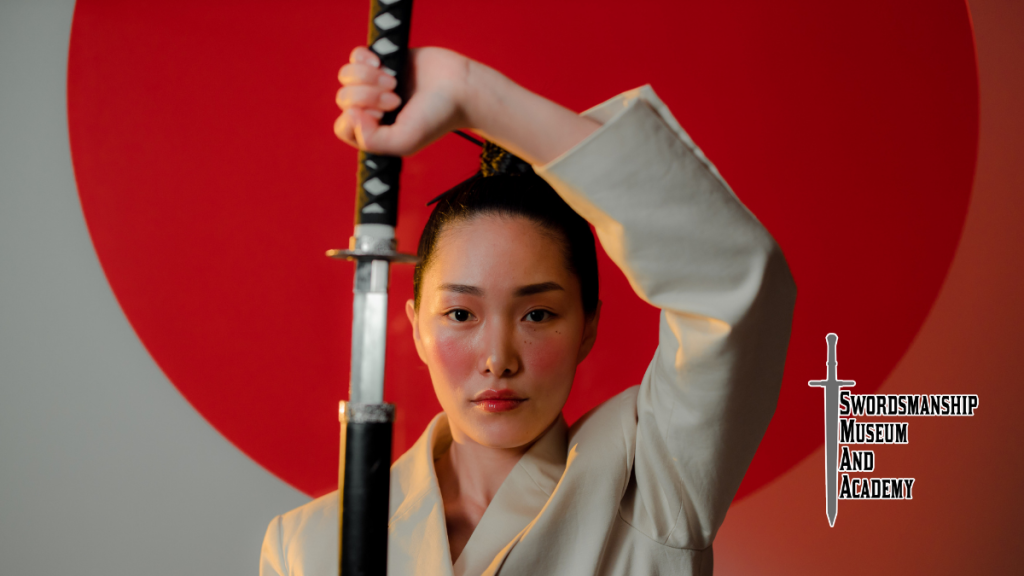 Woman with katana sword- "Swordsmanship Musem & Academy" logo w/ sword