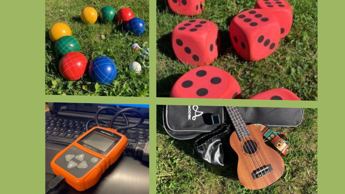 4 photo collage - bocce ball set, yard dice, engine code reader, ukelele