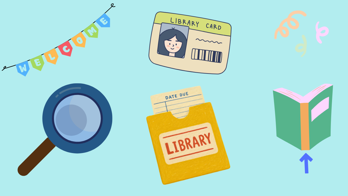 welcome banner, magnifying glass, library due date card, library card, open book, arrow pointing to spine of book