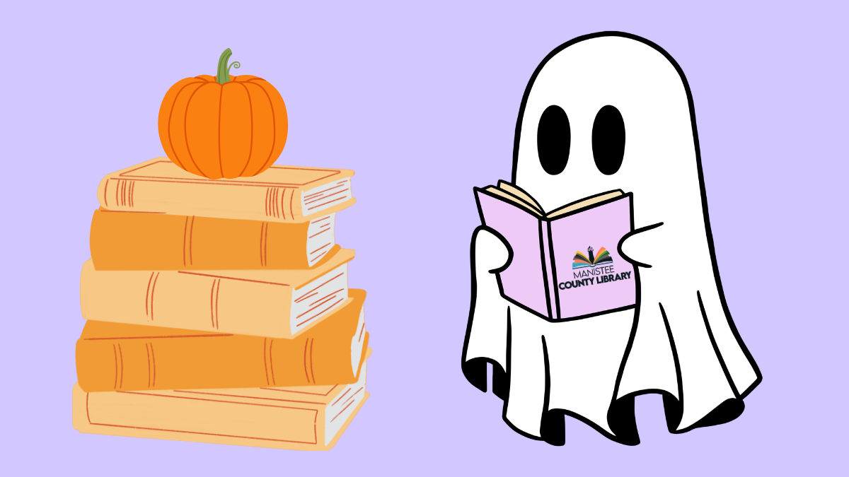 stack of orange books, pumpkin on top. Ghost reading a purple book.